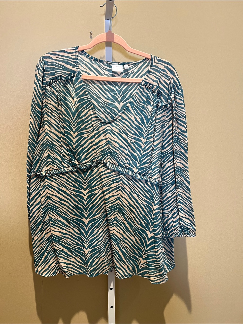 new directions Teal and Cream Zebra-Print V-Neck Tunic